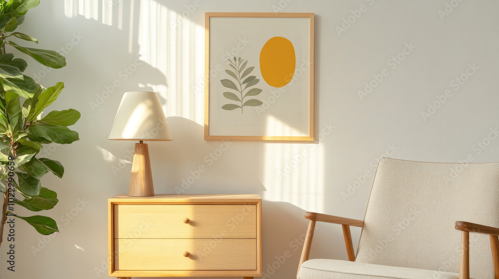 Fototapeta premium A cozy interior featuring stylish chair, wooden nightstand, and decorative lamp. wall art adds modern touch, complemented by natural light and greenery
