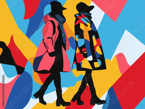 An abstract geometric composition using the silhouettes of winter fashion items like coats, hats, and boots in bold colors and shapes