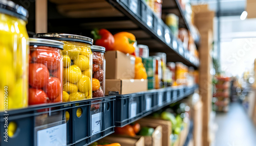 A close-up shot of a grocery store shelf with canned tomatoes and peppers, showcasing the vibrant colors of fresh produce.