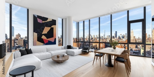 A sleek modern Scandinavian interior with a white sectional sofa, a natural wood dining table, and minimalistic wall art, set against a backdrop of large floor-to-ceiling windows photo