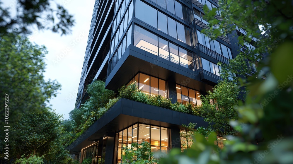 Modern Glass Office Building with Green Roof and Trees Modern Glass Office Building with Green Roof and Trees