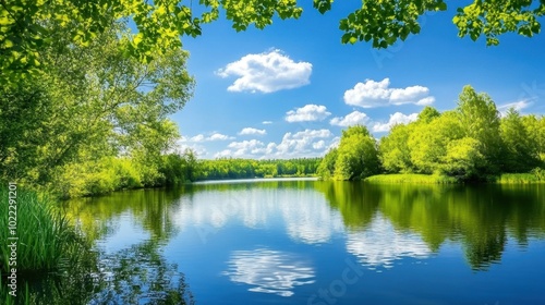 Serene Lake Reflected in Clear Blue Sky and Greenery