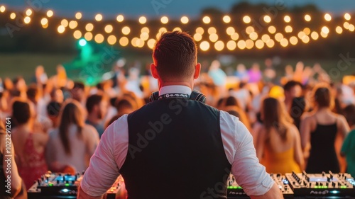 A DJ performing at an outdoor party with vibrant lights and a lively crowd, creating an exciting atmosphere for celebration.