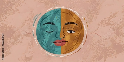 an abstract face divided into two halves, abstract, art, face, duality, contrast, contrast, circle, green, gold, pink, texture, minimalism, modern, expression, emotion, surrealism, graphic design