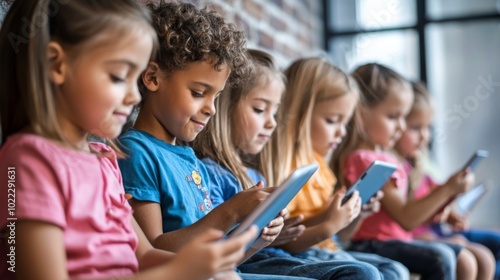 Children in a technology class learning to use digital tablets and apps
