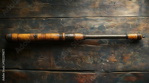 Vintage Wooden Fishing Rod on Rustic Background photo