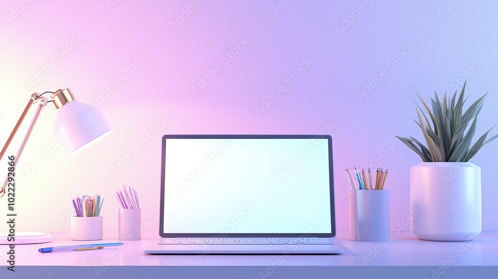 Stylish laptop on a desk with office supplies and soft lighting, capturing the essence of a modern workspace Stylish laptop on a desk with office supplies and soft lighting, capturing the essence of a modern workspace