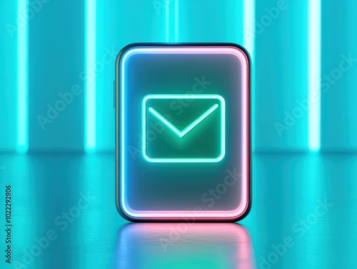 A glowing neon email icon on a modern smartphone, set against a vibrant backdrop of colorful lights, symbolizing digital communication.