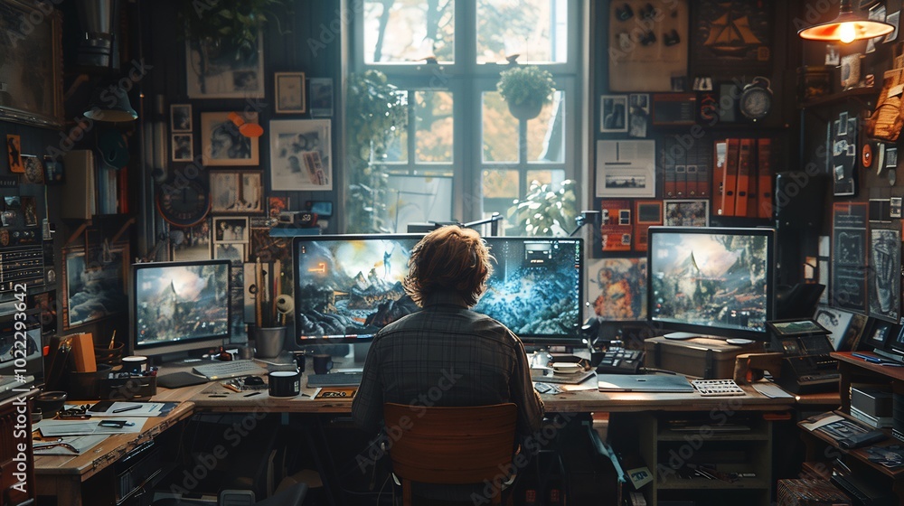 Showcase creative process of digital artists with candid shots of them immersed in their digital realms surrounded by screens and tablets Showcase creative process of digital artists with candid shots of them immersed in their digital realms surrounded by screens and tablets