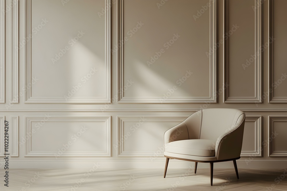 Beige Chair in Empty Studio Against Classic Wall Panels Beige Chair in Empty Studio Against Classic Wall Panels