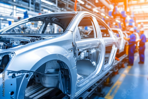 A silver car body is being assembled on an automotive production line.