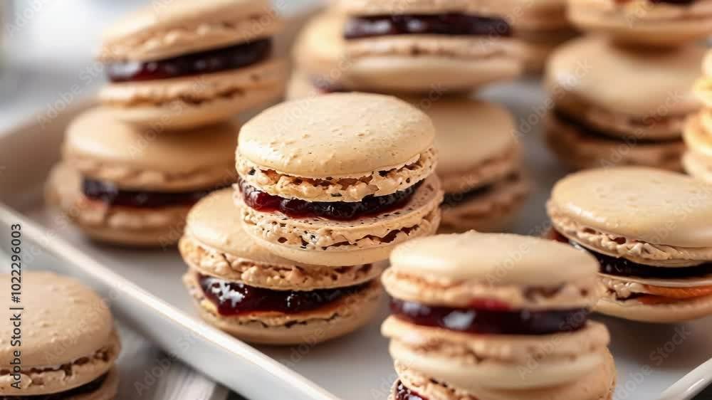 Coffee macarons filled with berry jam are stacked on a white rectangular plate, creating a tempting display of flavors and textures Coffee macarons filled with berry jam are stacked on a white rectangular plate, creating a tempting display of flavors and textures