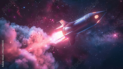 Fototapeta Naklejka Na Ścianę i Meble -  A rocket flying in space with stars in the background 