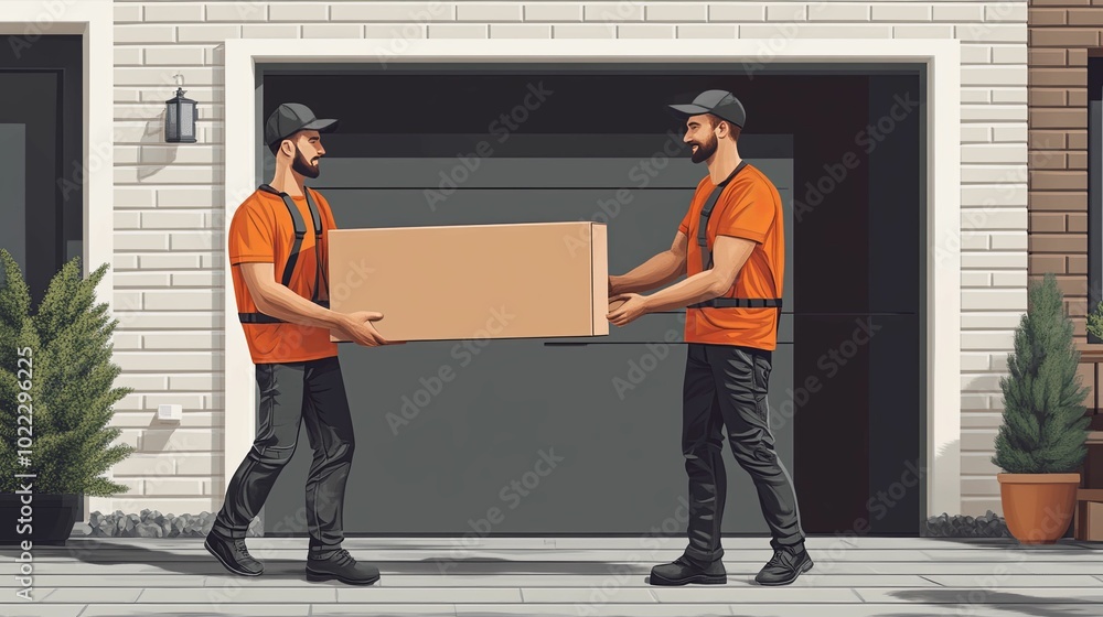 Two Delivery Men Carrying a Large Cardboard Box in Front of a Garage Door Two Delivery Men Carrying a Large Cardboard Box in Front of a Garage Door