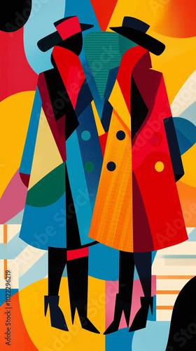 An abstract geometric composition using the silhouettes of winter fashion items like coats, hats, and boots in bold colors and shapes