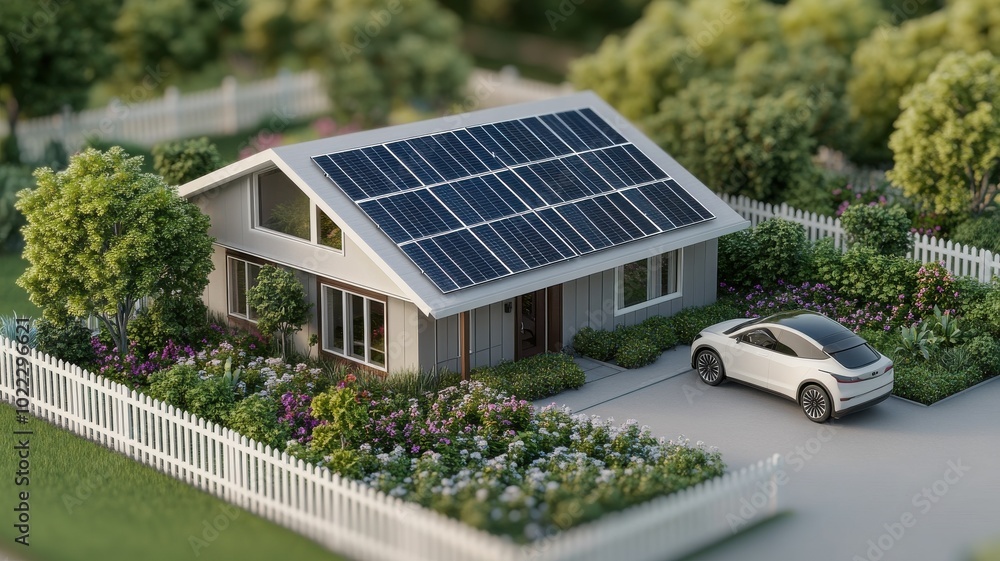 Fototapeta premium A modern home with solar panels surrounded by lush gardens and a sleek car parked in the driveway, showcasing sustainable living.