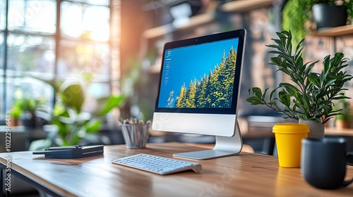 A Modern Workspace with a Computer Displaying a Forest Scene