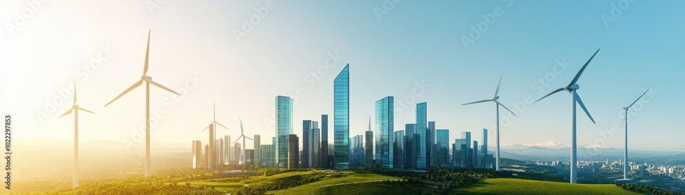 Fototapeta premium A panorama showcasing a modern city skyline with wind turbines, symbolizing sustainable energy and eco-friendly development.