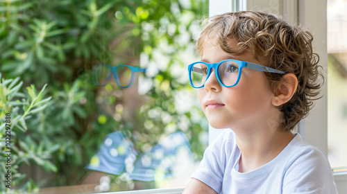 Young child wearing blue glasses focusing on distant tree outside window, symbolizing myopia prevention and importance of outdoor activities