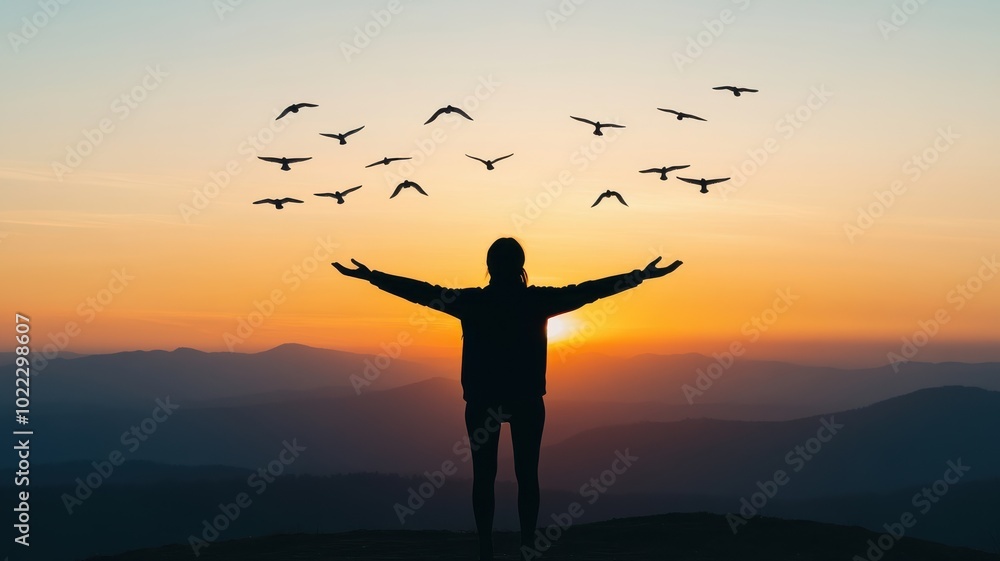 A person stands with outstretched arms against a sunset, surrounded by soaring birds, symbolizing freedom and connection to nature. A person stands with outstretched arms against a sunset, surrounded by soaring birds, symbolizing freedom and connection to nature.