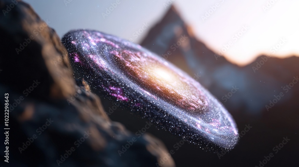 Cosmic Spiral Galaxy Hologram Floating Above Mountain Range