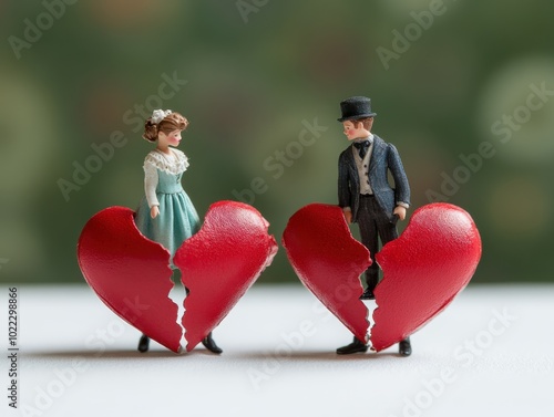 A poignant scene of miniature figures separated by a broken heart, capturing the essence of love and heartbreak.