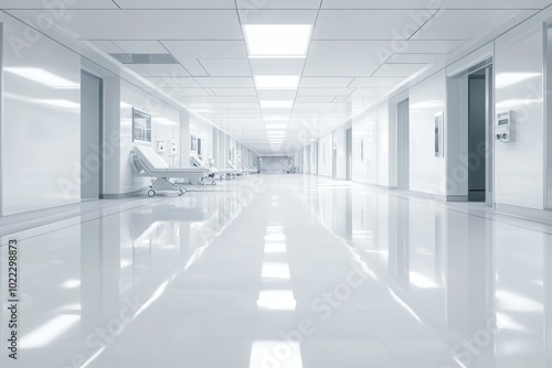 Clean and sterile hospital corridor with bright lighting during daytime showcasing modern medical architecture