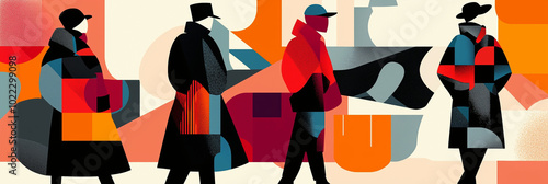 An abstract geometric composition using the silhouettes of winter fashion items like coats, hats, and boots in bold colors and shapes