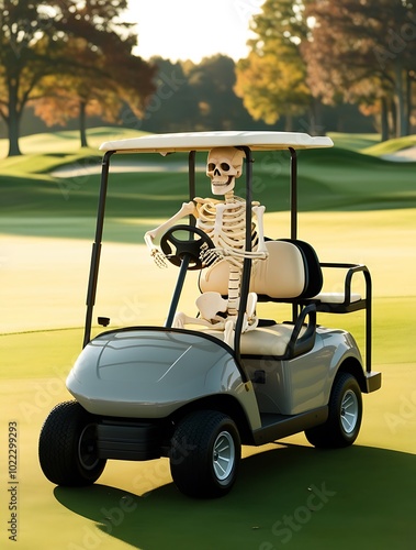 Happy halloween skeleton driving a golf cart at golf field on sunny day (16) photo