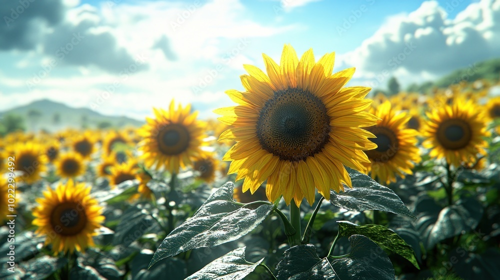 Obraz premium A vibrant field of sunflowers under a bright blue sky.