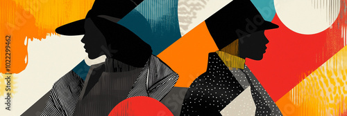 An abstract geometric composition using the silhouettes of winter fashion items like coats, hats, and boots in bold colors and shapes