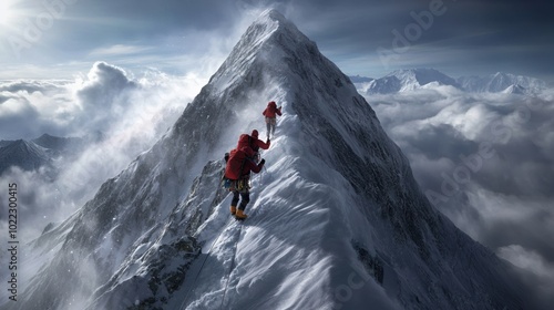 Adventurous climbers scaling a snow-capped peak in dramatic mountain landscape.