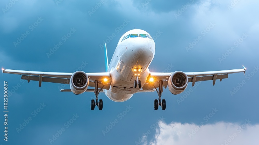Fototapeta premium Airplane approaching landing against a dramatic cloudy sky.