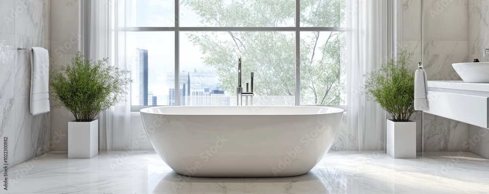 Fototapeta premium A serene bathroom featuring a modern freestanding tub, stylish decor, and natural light streaming through large windows.