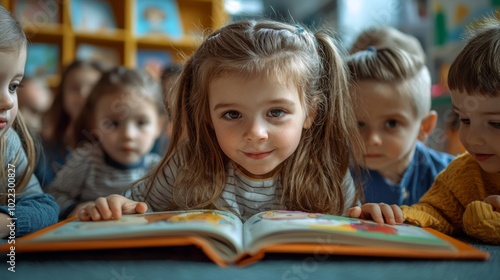 Happy kindergarten children engaged in a storybook activity