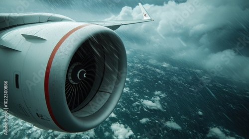 Airplane engine view with clouds in the background during flight. photo