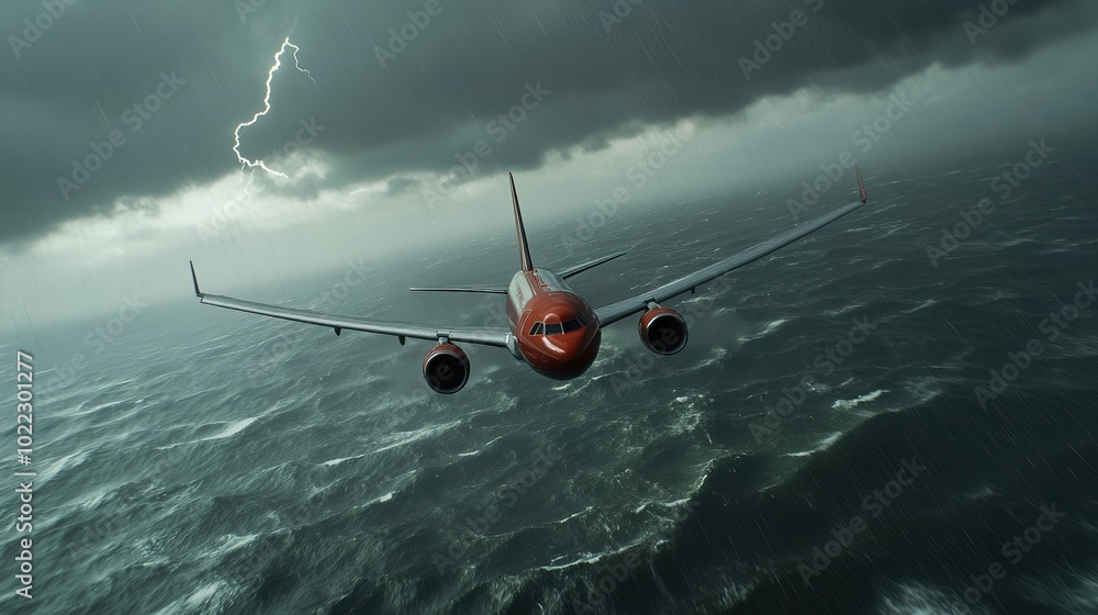 Airplane flying through stormy weather and lightning over the ocean. Airplane flying through stormy weather and lightning over the ocean.