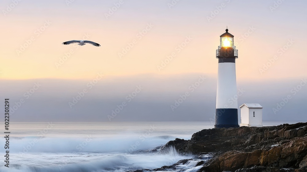 A serene coastal scene featuring a lighthouse at sunset, surrounded by waves and a soaring bird in the sky. A serene coastal scene featuring a lighthouse at sunset, surrounded by waves and a soaring bird in the sky.