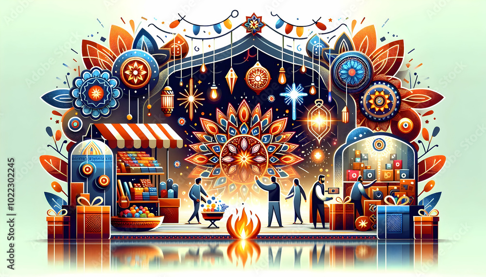 Flat Glossy Festive Market Background: Vibrant Vector Illustration Featuring Sparkling Rangoli Elements and Lively Reflections of a Bustling Festival Celebration. Flat Glossy Festive Market Background: Vibrant Vector Illustration Featuring Sparkling Rangoli Elements and Lively Reflections of a Bustling Festival Celebration.
