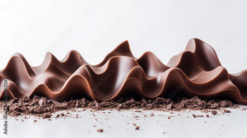 Minimalist chocolate ocean waves, shaped like smooth, flowing chocolate pieces, placed against a clean white background with crumbs scattered at the base Minimalist chocolate ocean waves, shaped like smooth, flowing chocolate pieces, placed against a clean white background with crumbs scattered at the base