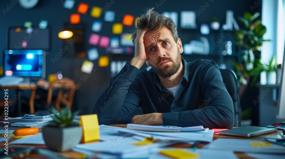 Employee with Distressed Look in Busy Office Environment Employee with Distressed Look in Busy Office Environment