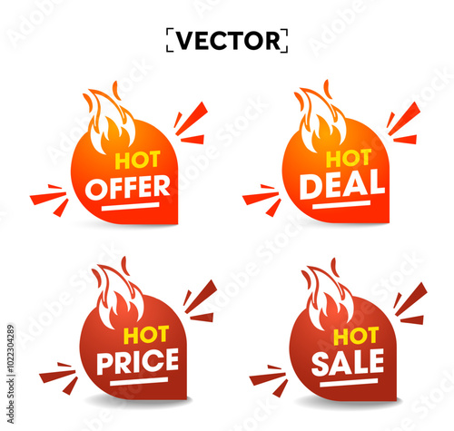 3d Special Hot sale labels with flame icon, isolated on white background. Hot deal tags, hot offer badges, hot sale symbol. 3d vector illustration. Vector illustration
