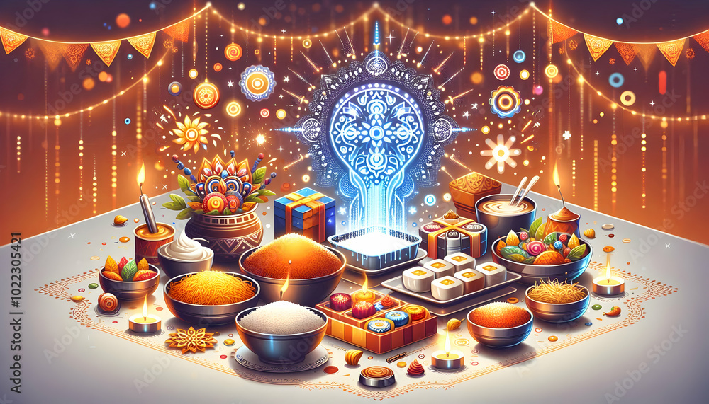 Flat Glossy Background with Festival Feast: Traditional Dishes, Sparklers, and Rangoli in Simple Vector Illustration Flat Glossy Background with Festival Feast: Traditional Dishes, Sparklers, and Rangoli in Simple Vector Illustration