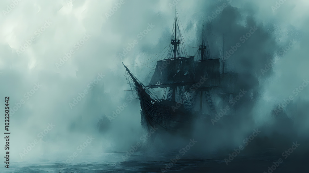 Fototapeta premium Halloween Pirate Ship, Spectral pirate ship emerging from fog cursed sea eerie, Watercolor