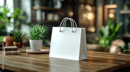 Wallpaper Mural A blank shopping bag on a wooden table in a cozy environment. Torontodigital.ca