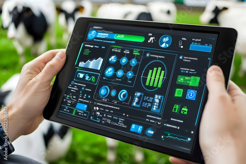 A farmer uses a tablet to monitor and manage his dairy farm, with cows grazing in the background.