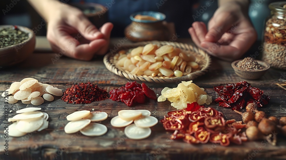 Showcase healing power of traditional Chinese medicine with an image of a herbalist preparing custom remedies Showcase healing power of traditional Chinese medicine with an image of a herbalist preparing custom remedies