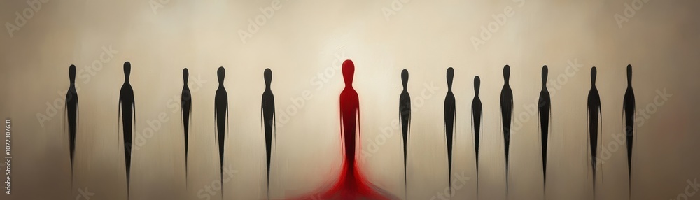 A striking visual of a lone figure in red surrounded by silhouette figures, symbolizing individuality and isolation. A striking visual of a lone figure in red surrounded by silhouette figures, symbolizing individuality and isolation.