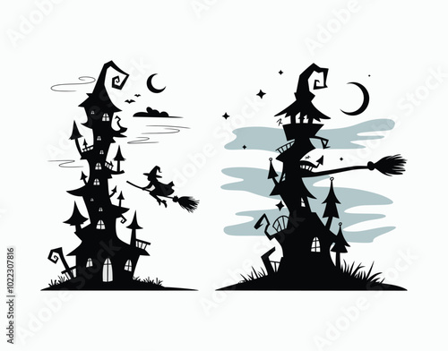 Night Crooked Witch's Tower with Broomstick and Moonlit Clouds Vector EPS Template