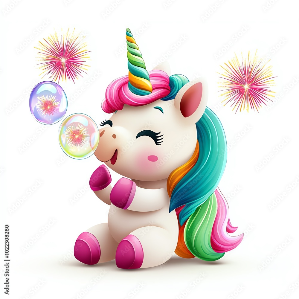 Fototapeta premium A colorful, cartoon unicorn joyfully blowing bubbles with a cheerful expression, surrounded by festive sparkles.